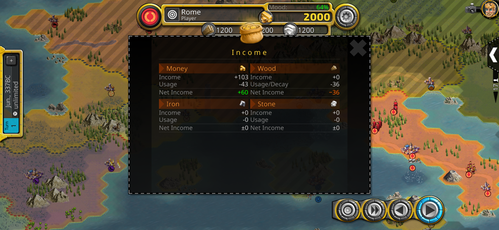 Demise of Nations - Income and resource management screen in the Demise of Nations strategy game showing stats for money wood iron and stone