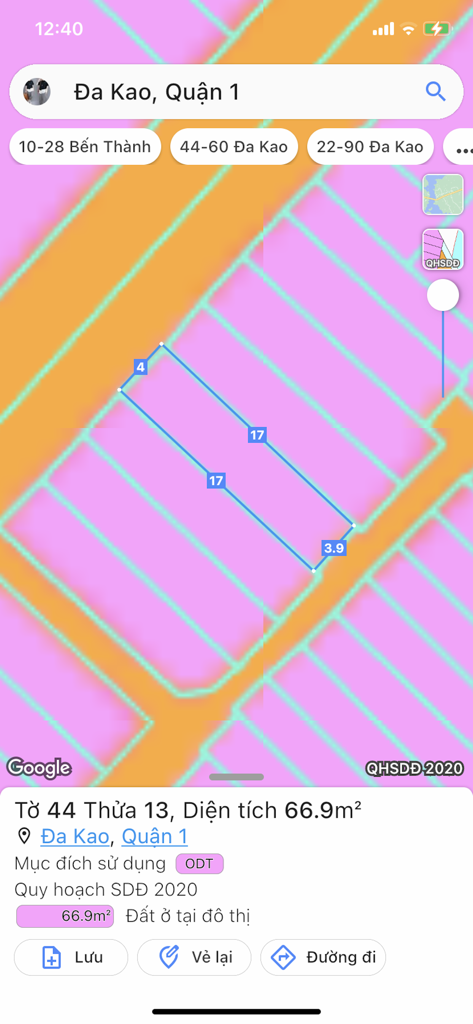 QH TP. HCM - Map interface showing land zoning details for a plot in District 1 Ho Chi Minh City