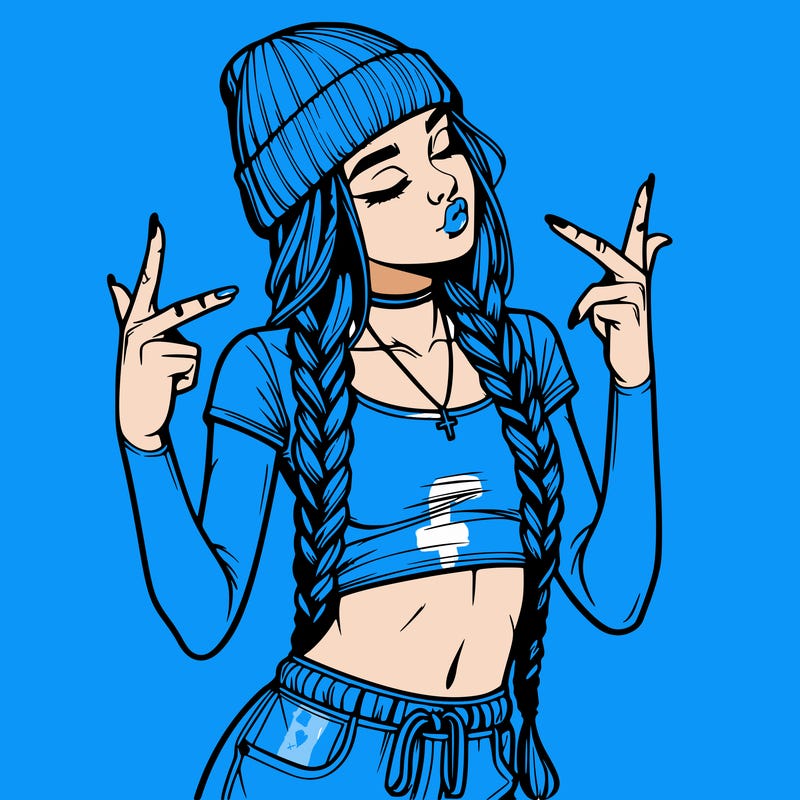 realistic teenage girl with braids and a beanie and crop top doing 🫶🏼