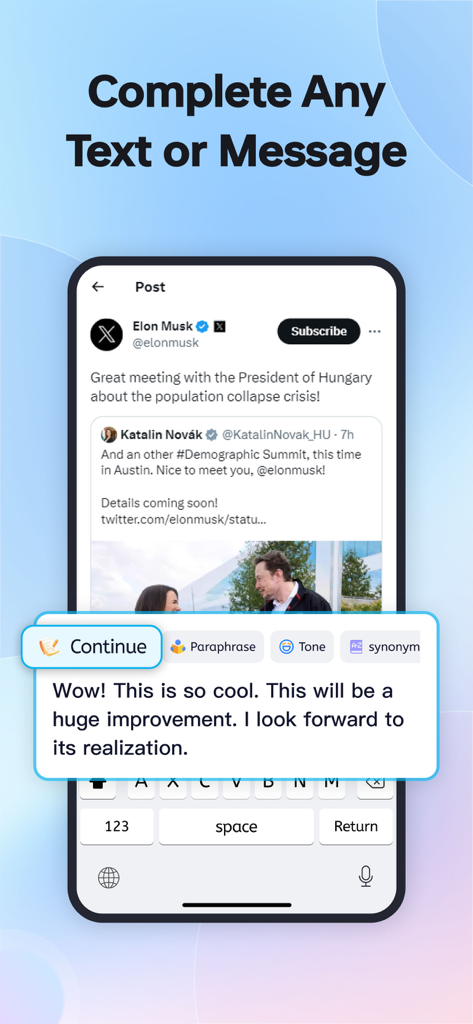 TypeEasy-AI Keyboard & Writer - TypeEasy AIキーボード。ソーシャルメディア投稿の自動テキスト継続機能を示す。