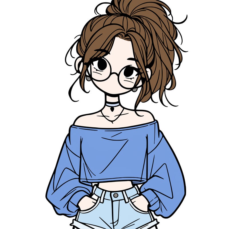 girl with a messy ponytail glasses a baggy crop top and jean shorts