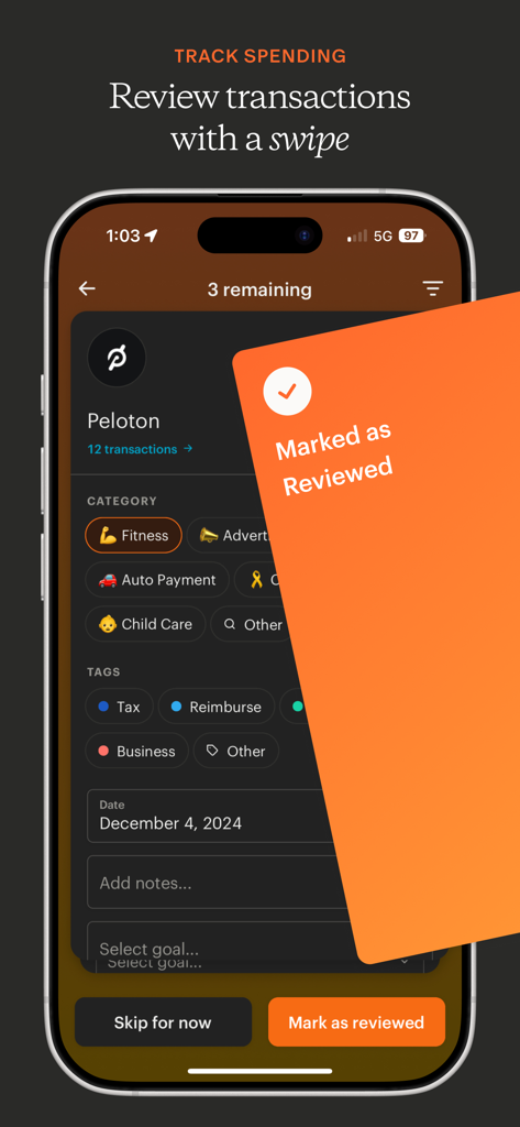 A mobile interface for Monarch Money showing a Peloton transaction being marked as reviewed with a swipe gesture.