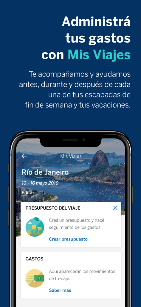 BBVA Uruguay - Application mobile BBVA Uruguay montrant l'écran de gestion des budgets et des dépenses de voyage Mes Voyages