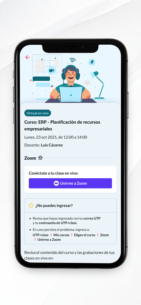 UTP plus app interface showing a virtual class schedule and a join zoom button