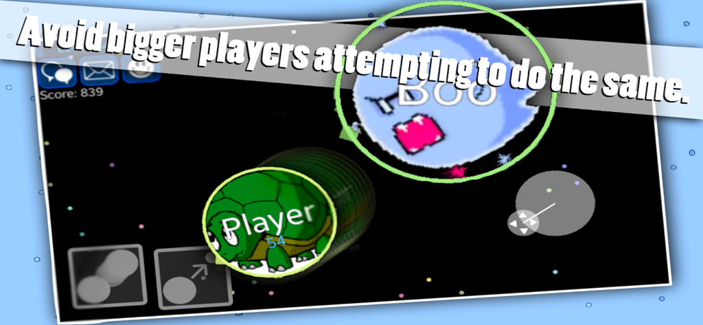 Jugabilidad de Nebulous.io que muestra una masa pequeña con skin de tortuga evitando a un oponente azul más grande