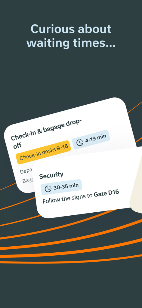 Schiphol Amsterdam Airport - スキポールアプリのインターフェース。チェックインカウンターとセキュリティチェックのリアルタイム推定待ち時間を表示。