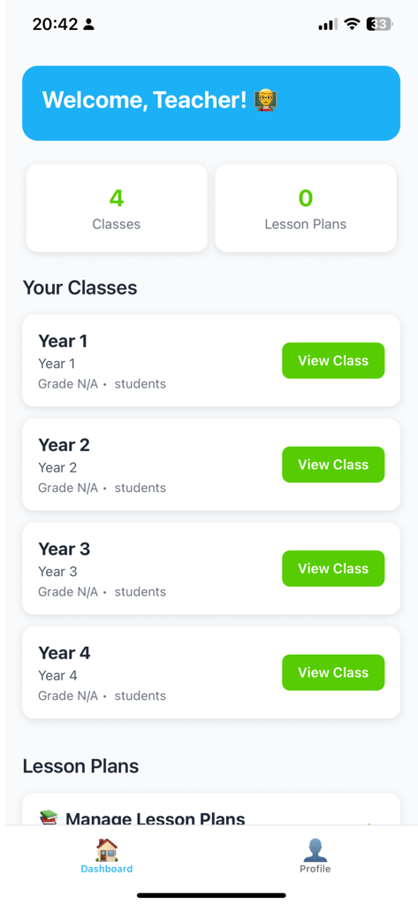 Tutori - Tutori app teacher dashboard showing managed classes and lesson plans.