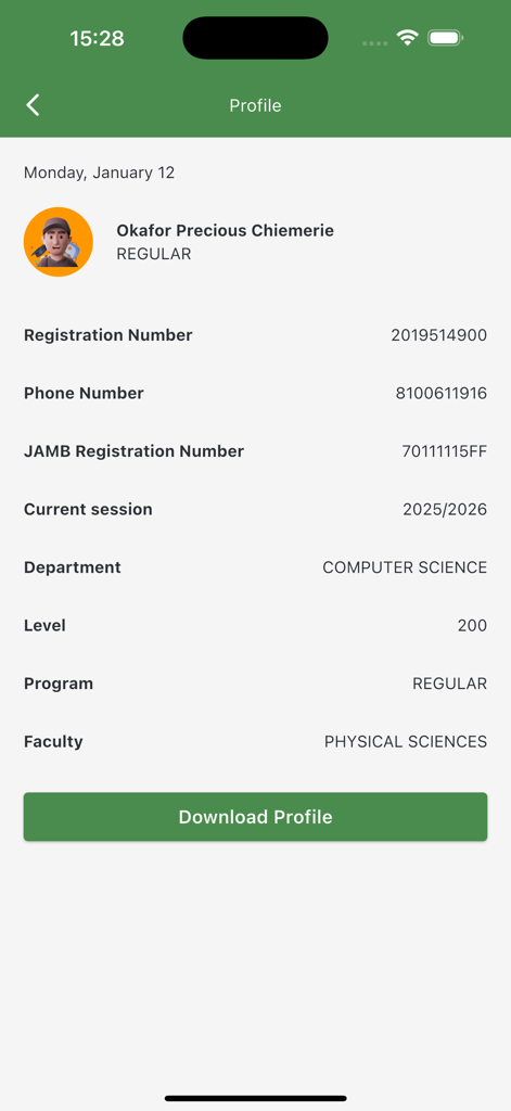 COOU Portal - Student profile screen on the COOU Portal app showing academic details