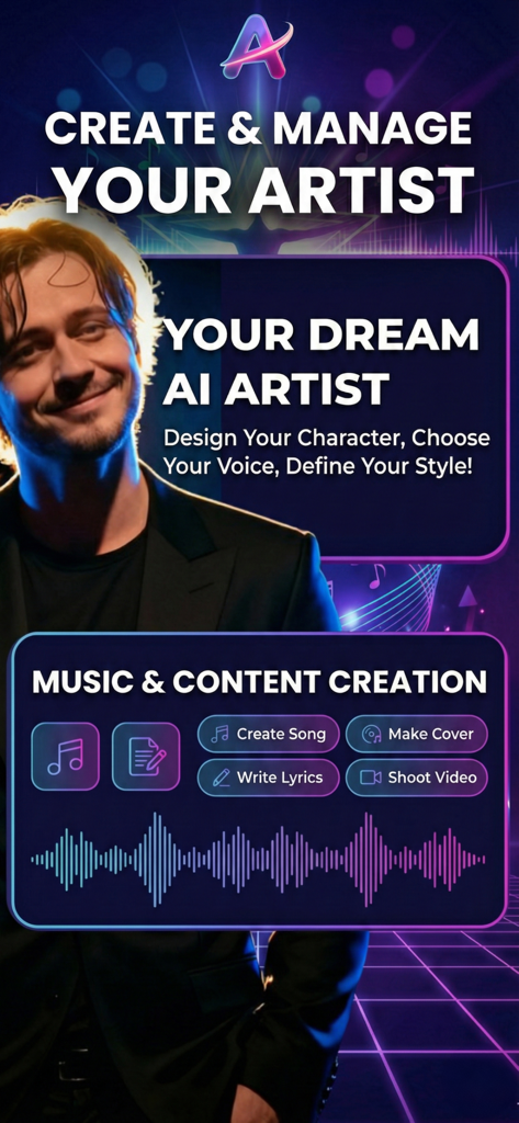 Ayro: AI Music & Create Singer - Ayro app dashboard featuring AI artist creation and music production tools