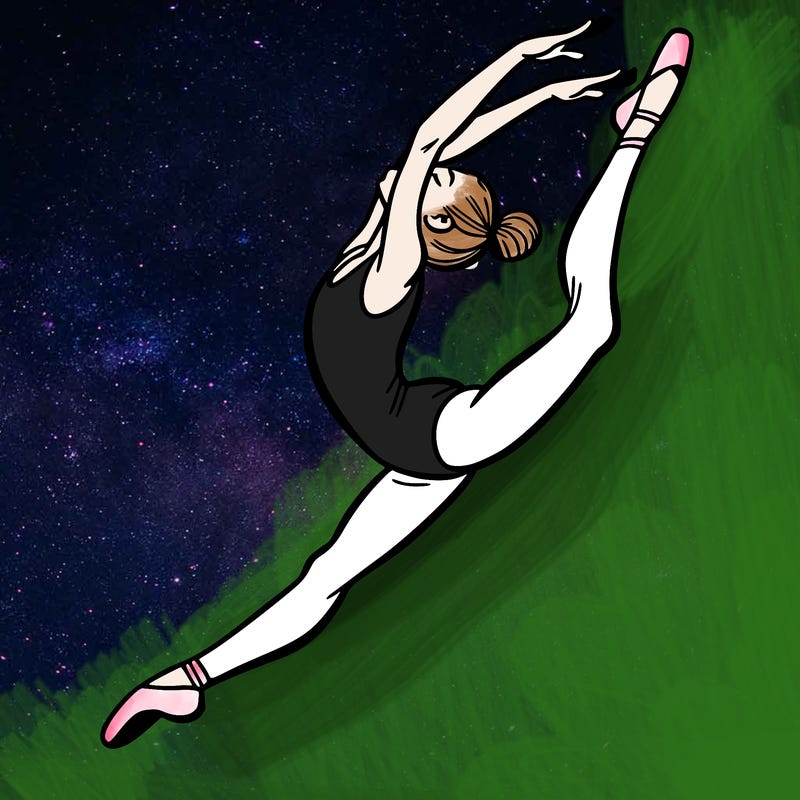 gymnast doing a leap in a leotard with a bent back leg