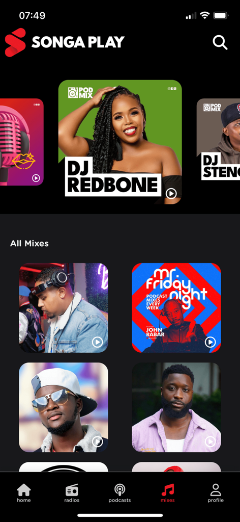 Songa Play - Songa Play app interface showing music and podcast mixes from global creators