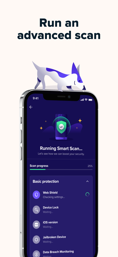 A smartphone screen showing the Avast Security app running a smart scan to identify potential vulnerabilities.