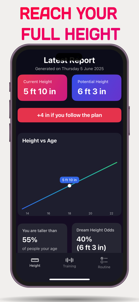 TallUp AI app interface showing height statistics and potential growth predictions on a smartphone
