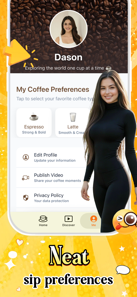 Sophee - User profile interface in the Sophee coffee app showing drink preferences and profile settings.