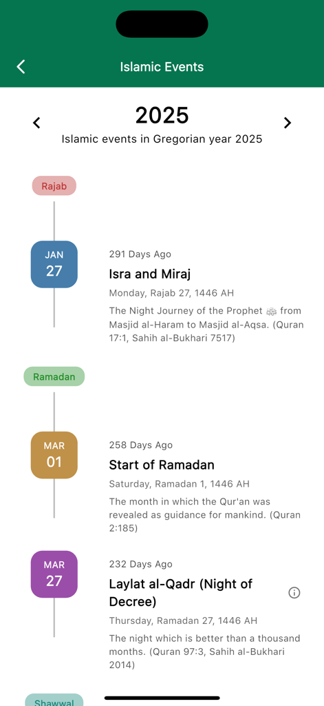 Tawhid: Prayer, Quran, Ramadan - Islamic events calendar on the Tawhid app showing Ramadan and other religious dates for 2025.