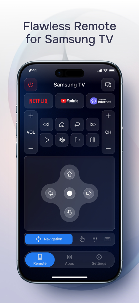 Smartphone screen showing the remote control interface for Samsung TV with navigation pad and volume controls