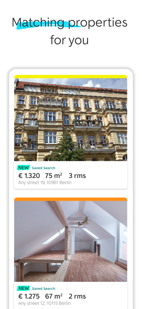 ImmoScout24 - Real Estate - Aplicación móvil ImmoScout24 que muestra anuncios de propiedades coincidentes para apartamentos en Berlín.
