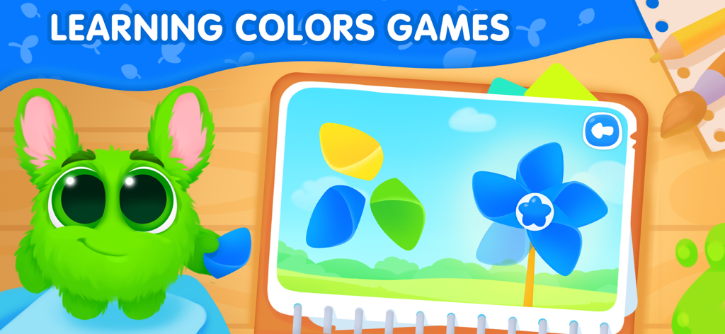 Colors learning Preschool game - La mascota verde Fluffy guiando a un niño pequeño a través de un mini-juego de emparejar colores