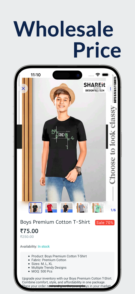 VastrMitr: Bulk, Wholesale App - VastrMitr app interface showing wholesale prices and bulk ordering for boys cotton t-shirts
