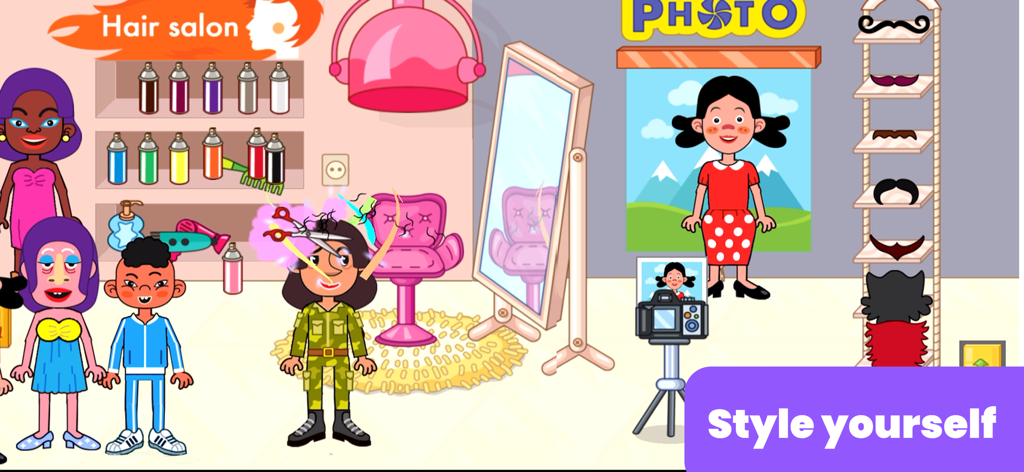 A hair salon and photo studio scene where kids can style characters in the City Store Mall game