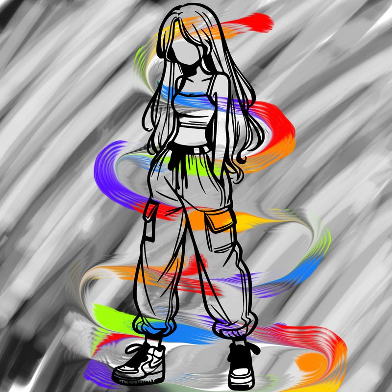 girl in baggy pants crop top and long hair