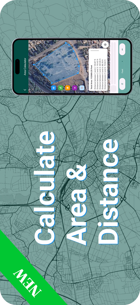 Live GPS Land Area Calculator - Interfaz de la aplicación Calculadora de Área y Distancia de Terreno GPS en Vivo para medir límites de propiedad y distancia