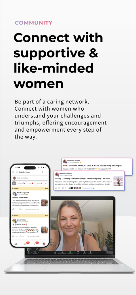 Studio Era app community interface on iPhone and a woman on a video call via laptop representing a supportive fitness network.