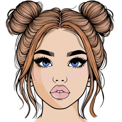 realistic girl with two buns on her hair and lips