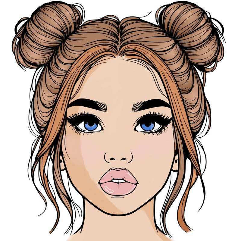 realistic girl with two buns on her hair and lips