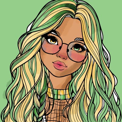 girl with long hair and freckles and glasses realistic