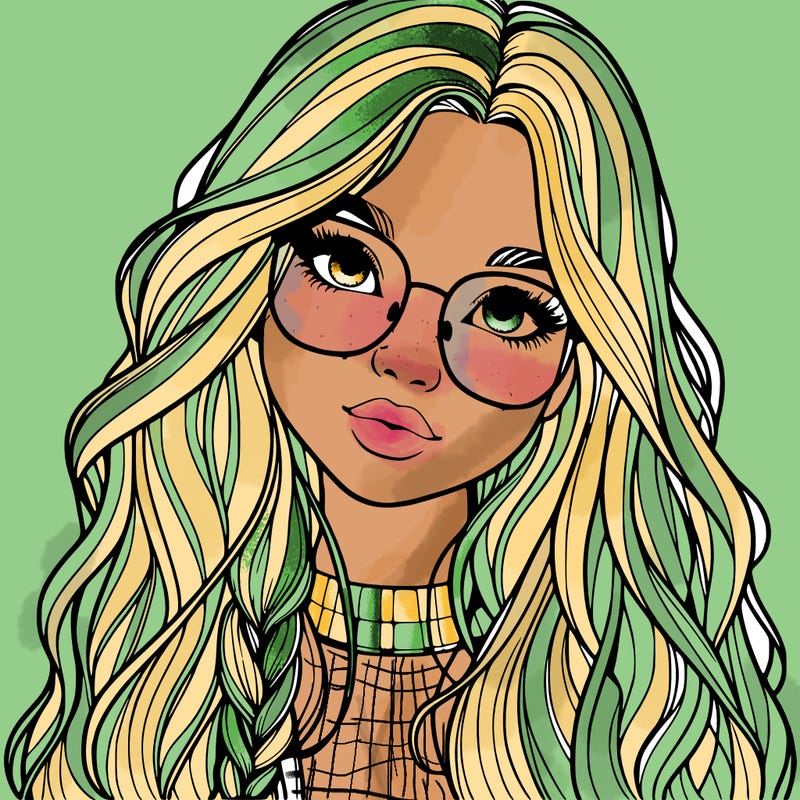 girl with long hair and freckles and glasses realistic