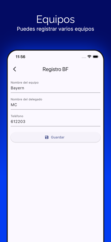 Modulo di registrazione per una squadra di calcio nell'app mobile Registro BF che mostra campi per il nome della squadra e le informazioni del delegato.