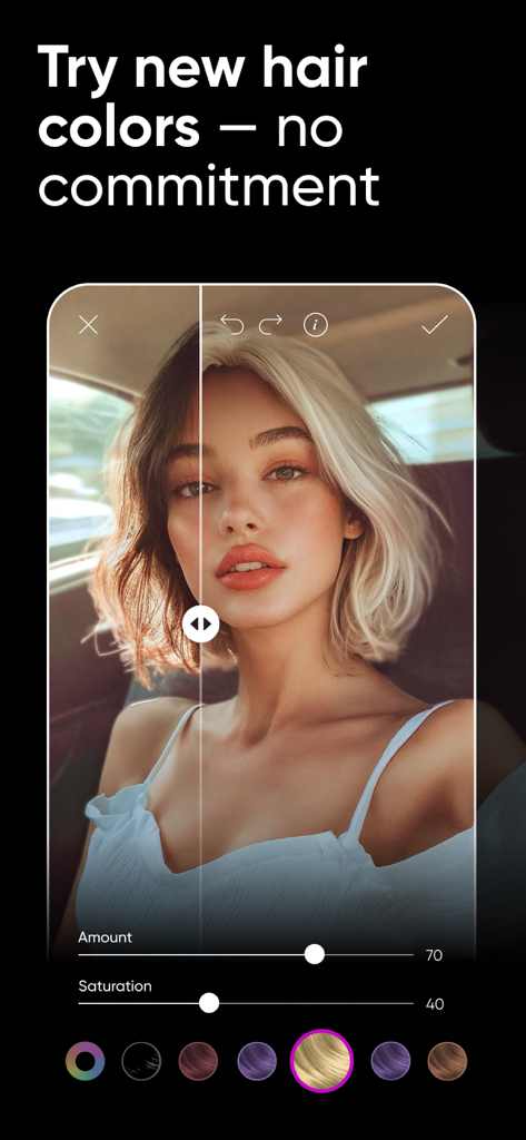 A woman with a split-screen photo showing a before and after comparison of a hair color change using Picsart AI.