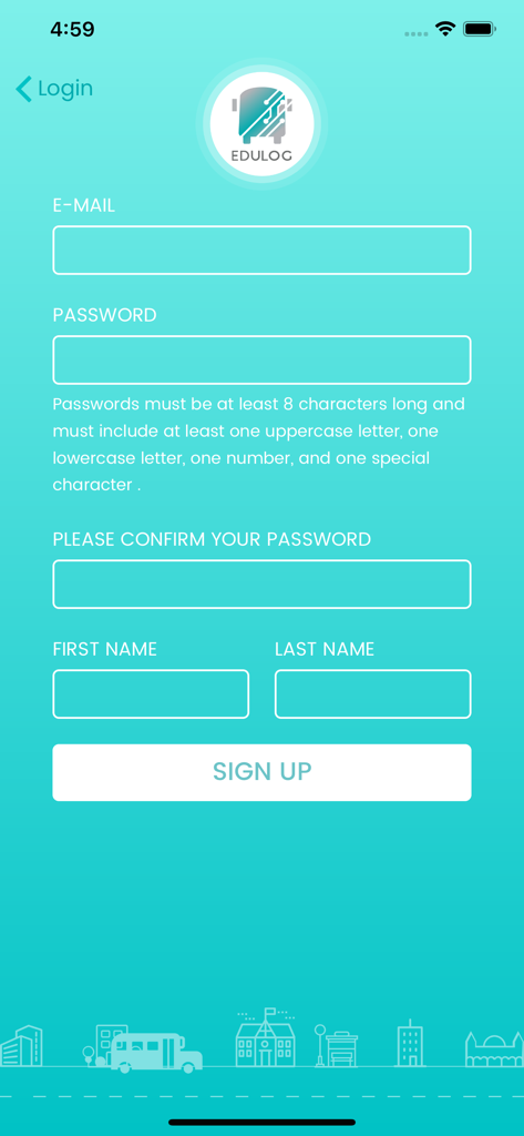 Sign up screen of the Edulog Parent Portal app with email and password fields on a teal background.