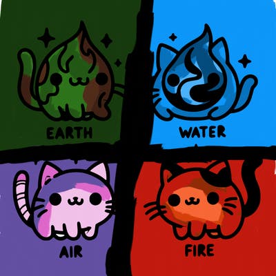 4 cats that represent the different elements, earth, water, air, and fire
