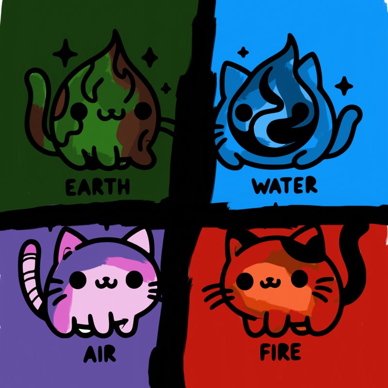 4 cats that represent the different elements, earth, water, air, and fire