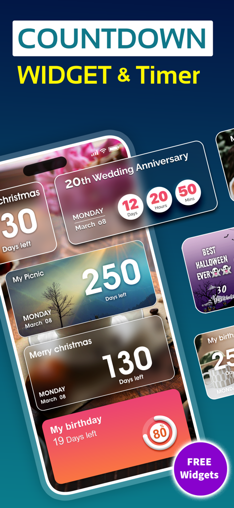 Countdown Widget Maker - Widgets de cuenta regresiva personalizables en una pantalla de iPhone que muestran temporizadores de aniversario y cumpleaños con fotos