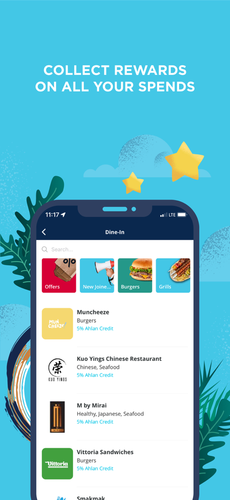 Ahlan Rewards - Screenshot of the Ahlan Rewards app showing dine-in restaurant options and loyalty credits.