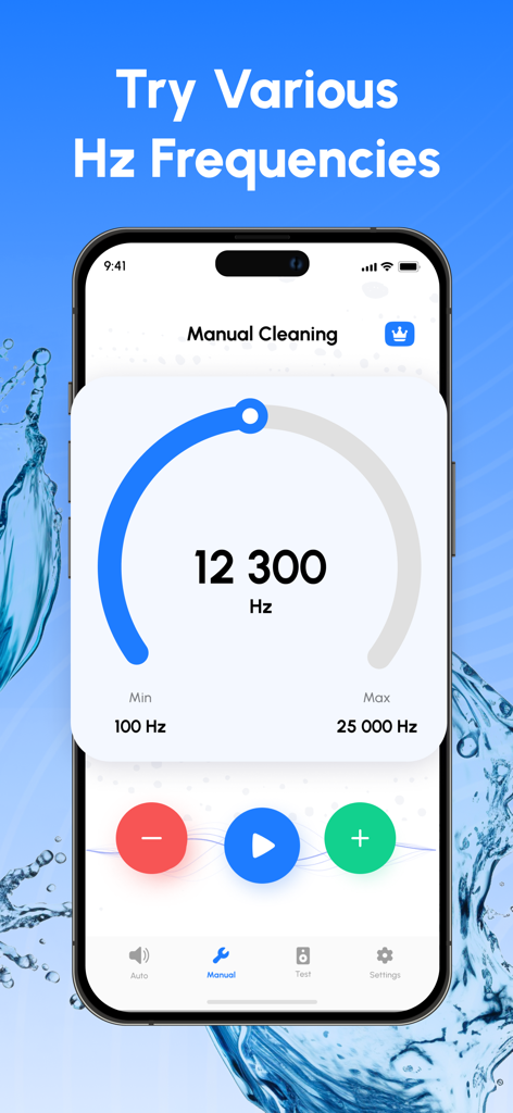 Water Remover: Speaker Cleaner - Interfaz de la aplicación Limpiador de Altavoces mostrando la selección de frecuencia manual para la eliminación de agua