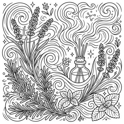 Immerse yourself in the calming world of aromatic plants with this beautiful coloring page. Featuring lavender, rosemary, and mint, it's perfect for finding tranquility through art.