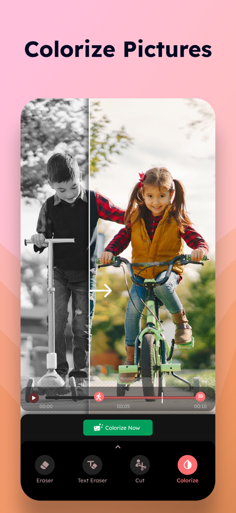 CutVibe: Video Object Eraser - División de antes y después de una foto en blanco y negro siendo coloreada en la aplicación CutVibe