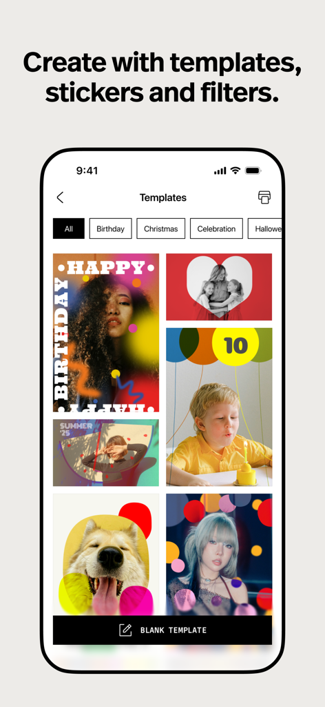 Polaroid Hi Print app interface showing creative photo templates for birthday and celebrations