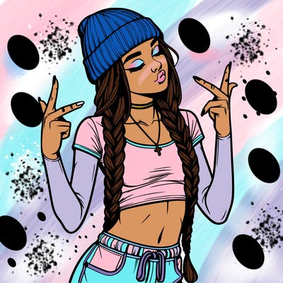 realistic teenage girl with braids and a beanie and crop top doing 🫶🏼
