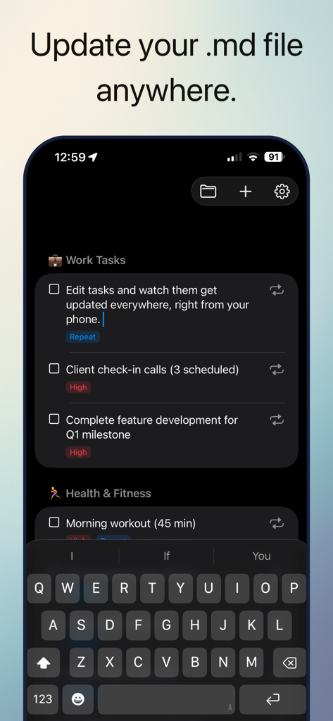 iPhone上のTasks.mdアプリ。Markdownタスクリストとモバイルキーボードを表示。