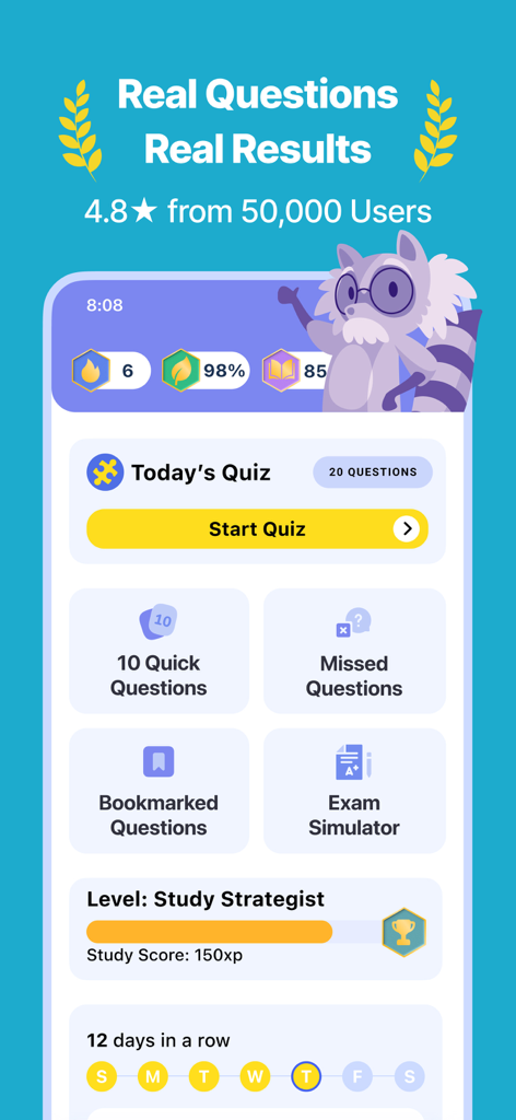 Dashboard of the Esthetician and Cosmetology exam prep app showing daily quiz and study progress.