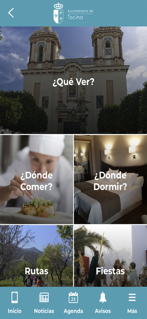 Main menu of the Ayuntamiento de Tocina app displaying local tourism and utility categories like where to eat and sleep