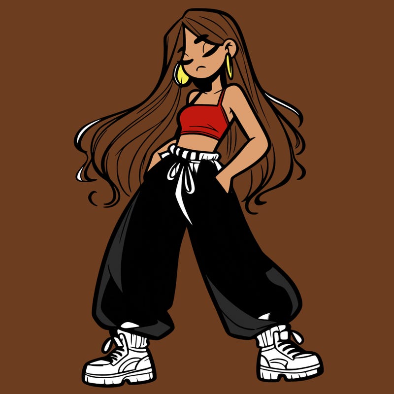 girl in baggy pants crop top and long hair
