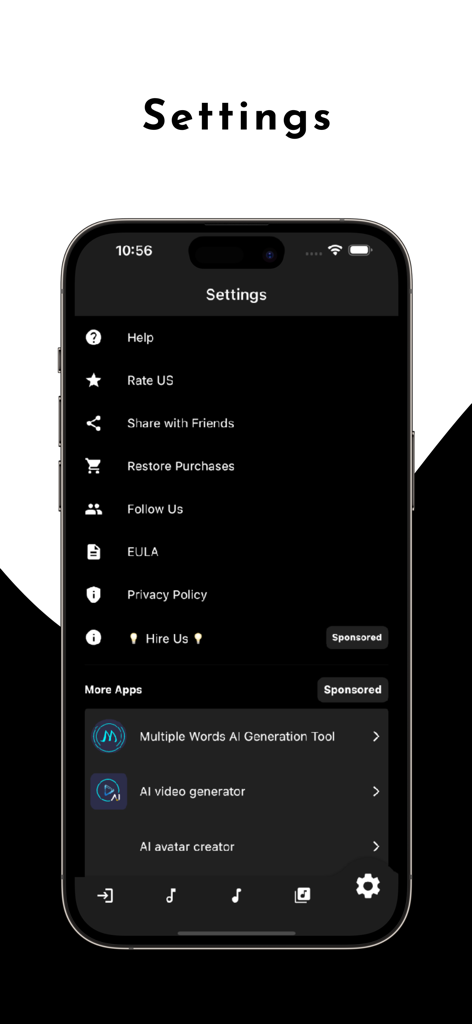 AI Music - Melody generator - Einstellungsbildschirm der KI-Musik-Melodiegenerator-App auf einem iPhone