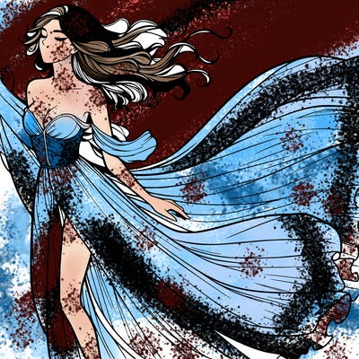 realistic woman in dress flowing the the wind