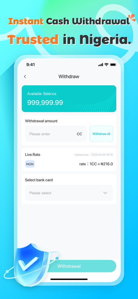 Top Gift Card - Withdraw screen of Top Gift Card app displaying available balance and live NGN exchange rates.